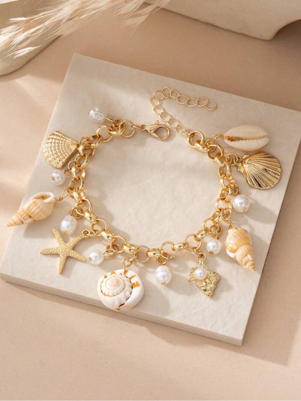 Gold Shell Charm Bracelet with Pearls - Women Jewelry